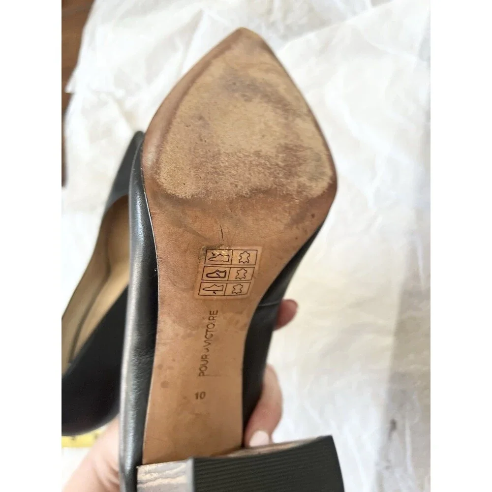 Pour La Victoire Shoes Size 10 Leather Pump Black Pointed Toe Wood Block Heels